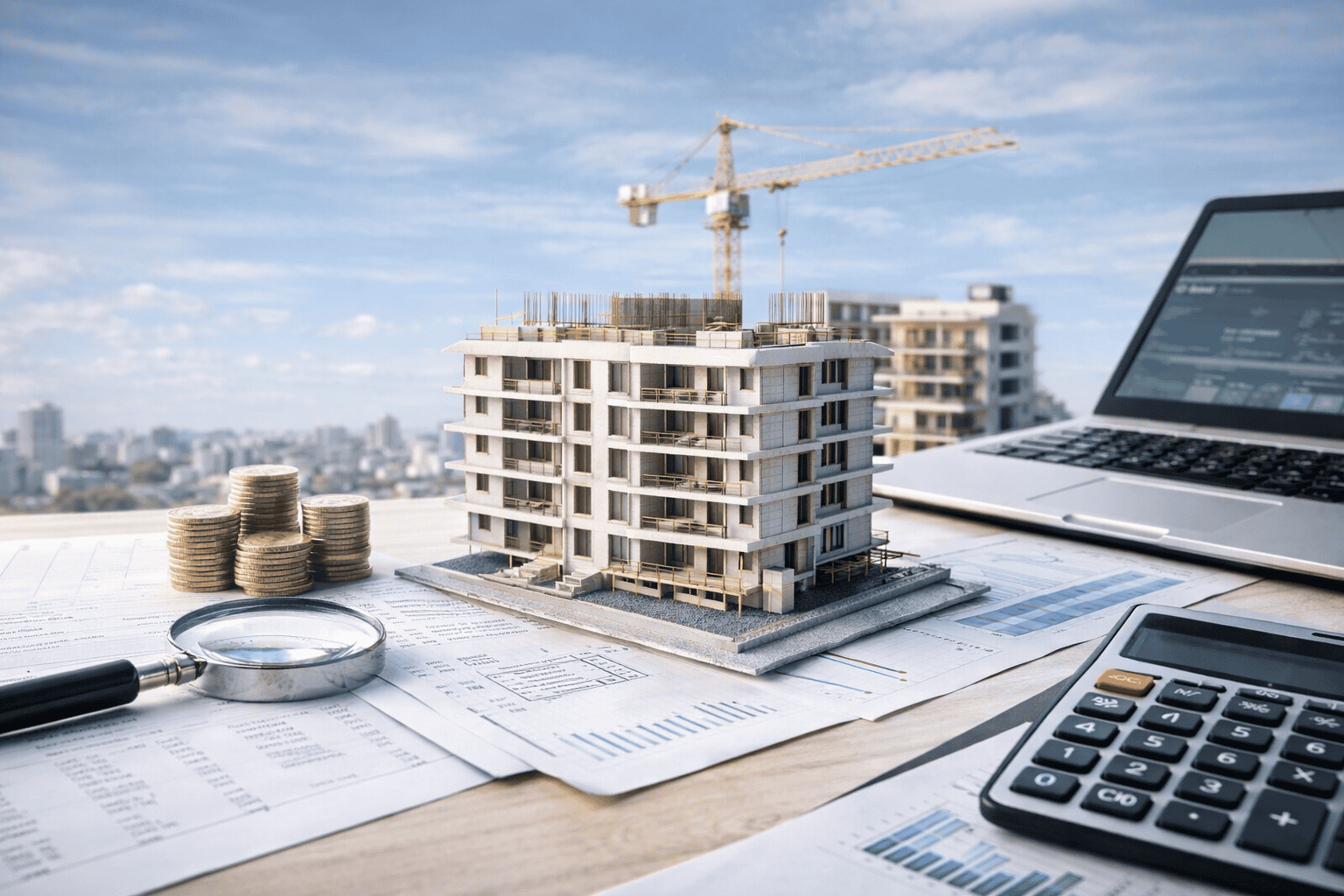 Modelo de edificio con herramientas financieras.