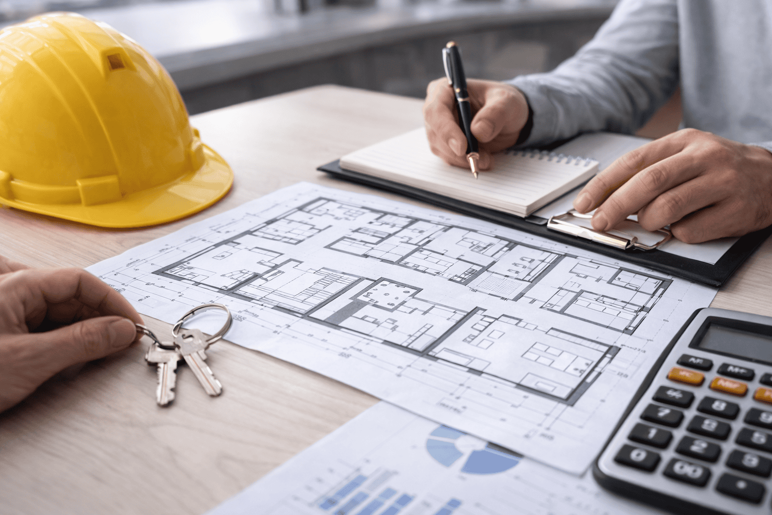 Planos, llaves y calculadora de construcción.
