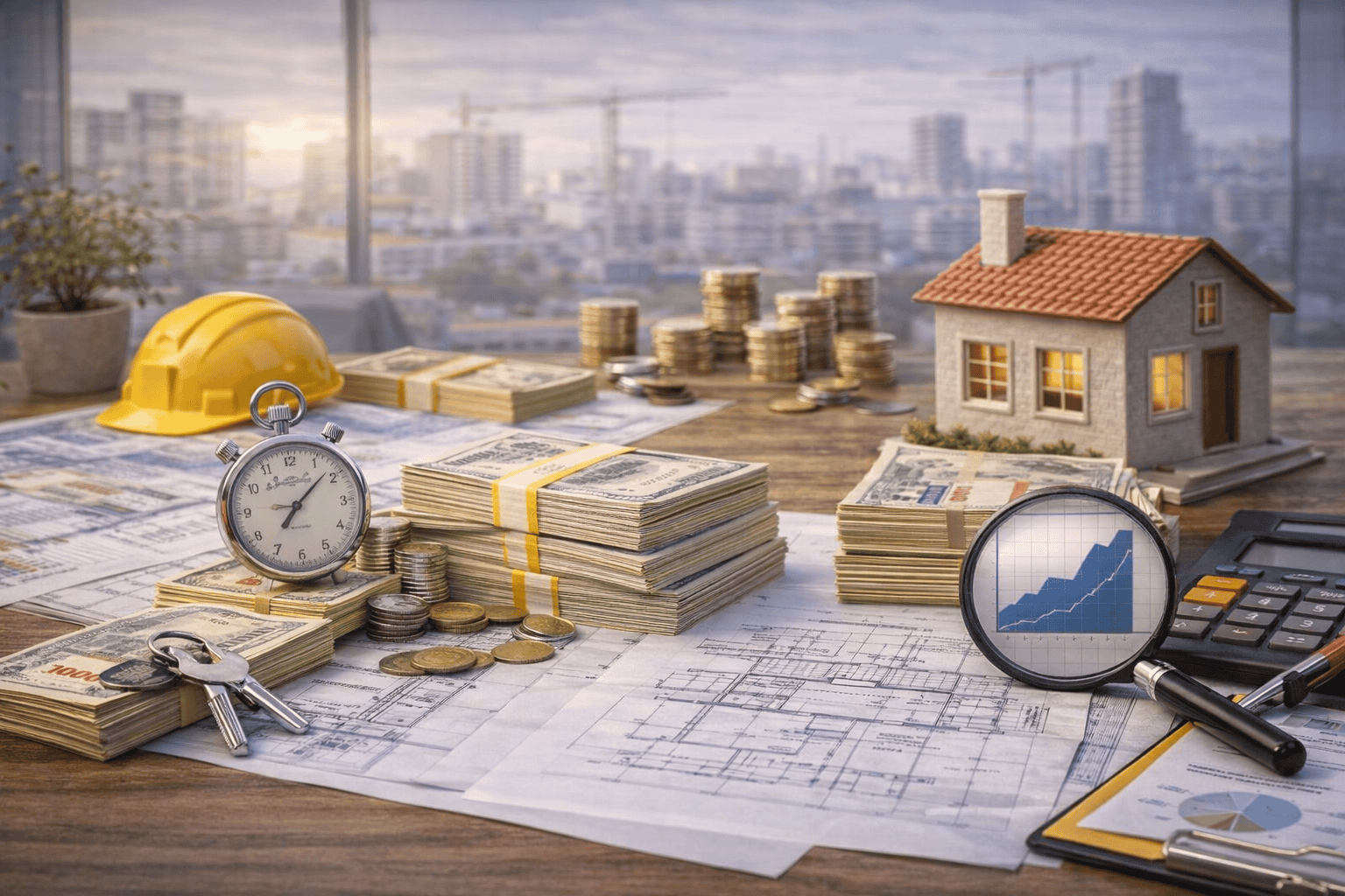 Dinero, planos y una casa en construcción, representando inversión en departamentos en pozo.