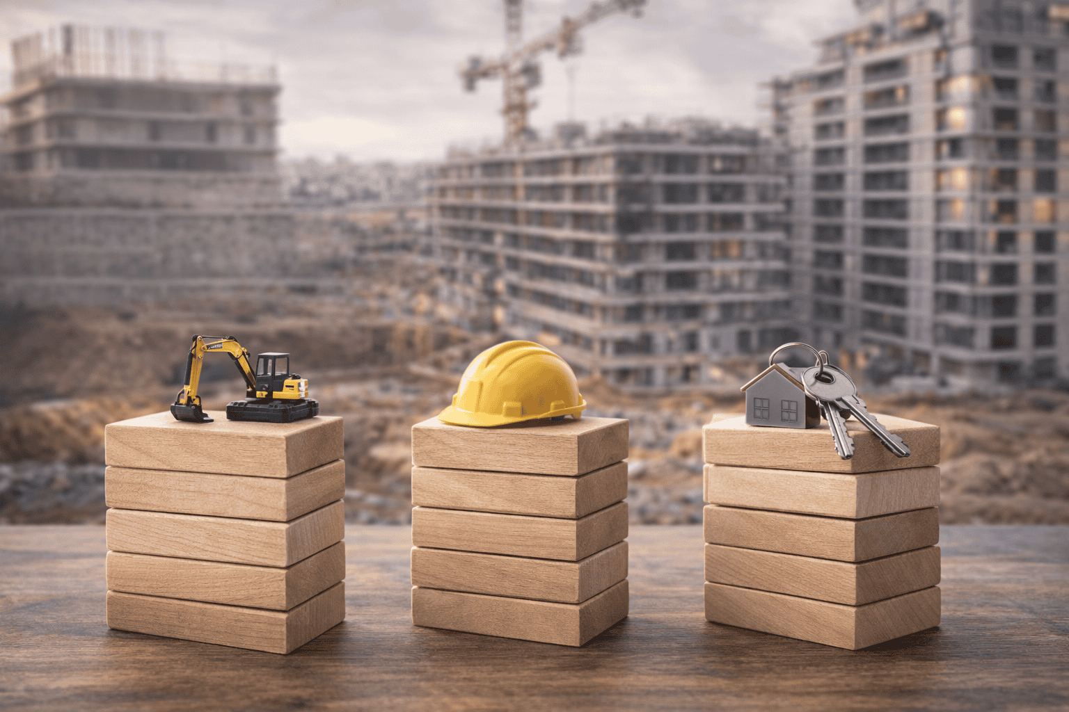Máquina excavadora, casco de seguridad y llaves, elementos clave en proyectos de departamentos en pozo.