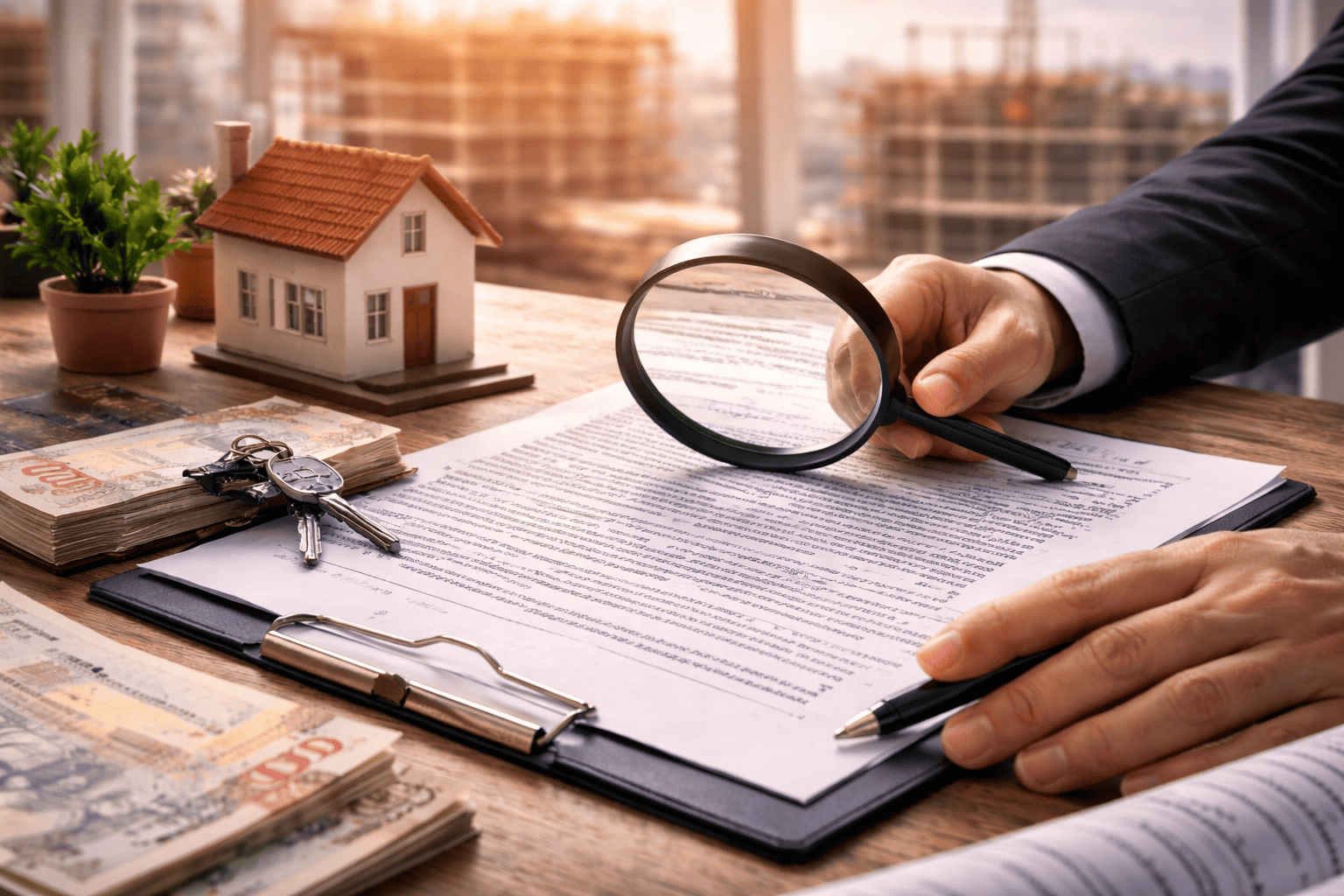 Documento legal con casa y lupa.