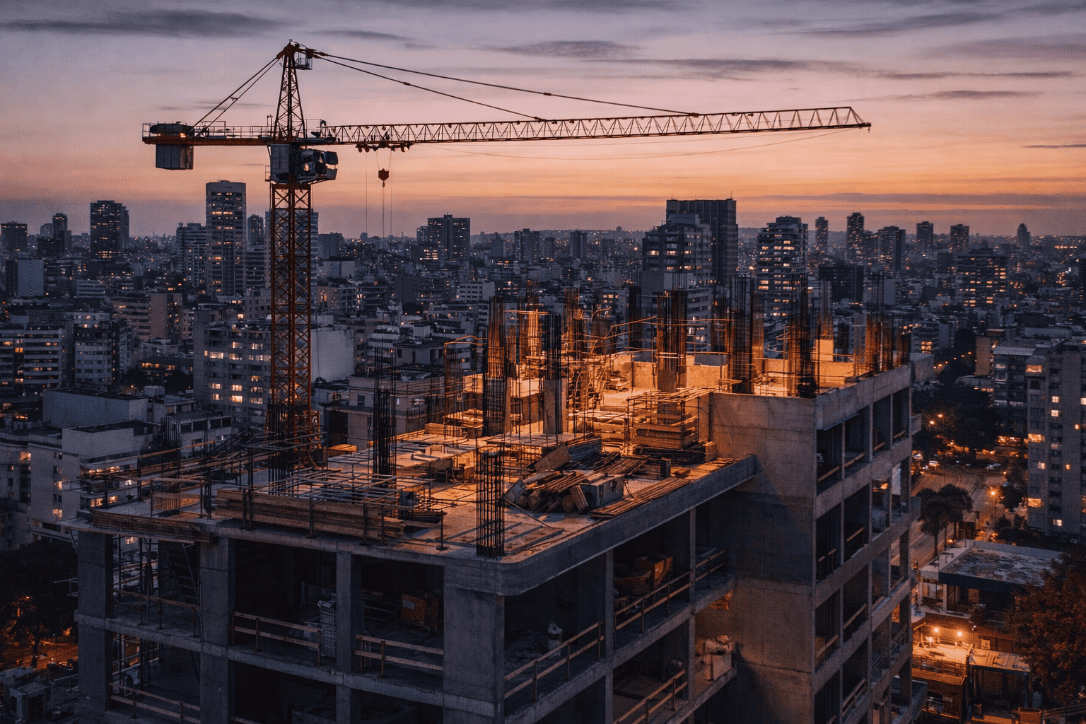 Edificio en construcción al atardecer.